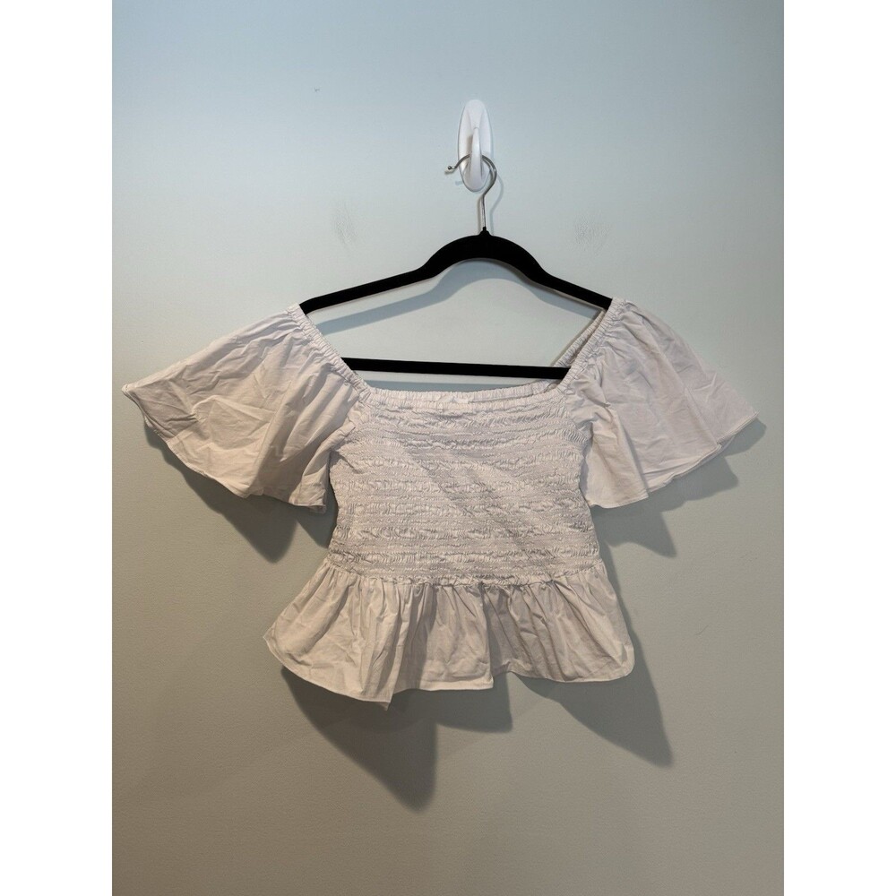 Josie By Natori Smocked Off/On Shoulder Top Medium White Cotton Travel Minimal